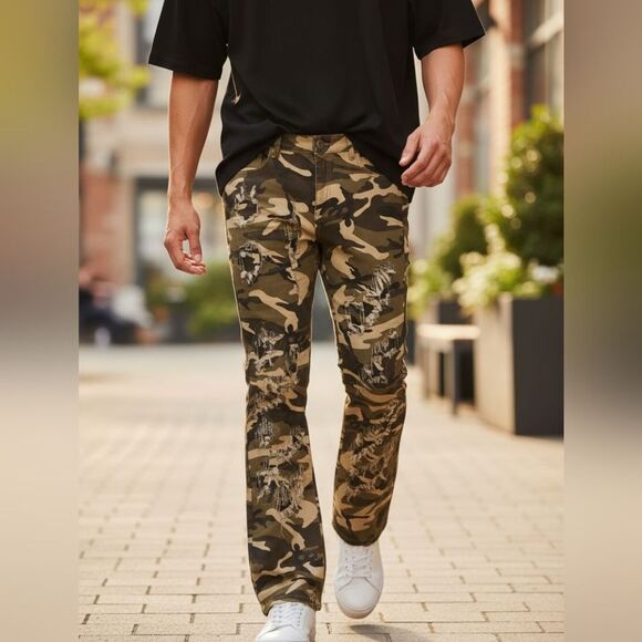 Manfinity Camo Faux Shredded Bootcut Mens Pants, L 34x32 - Picture 1 of 9